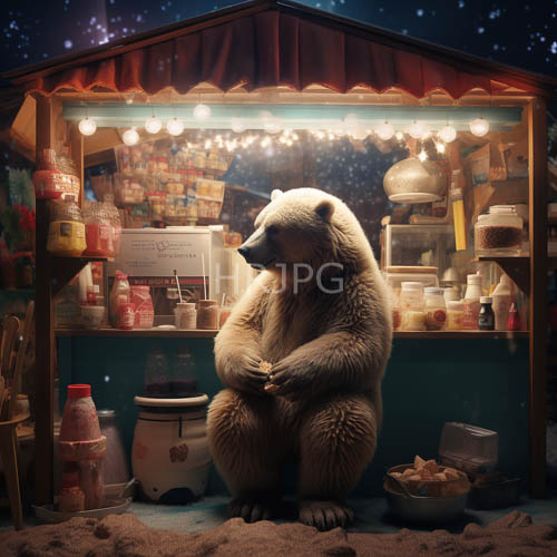 mahoganyfurred plush bears display artisanal sweets amidst stardappled midnight market stalls