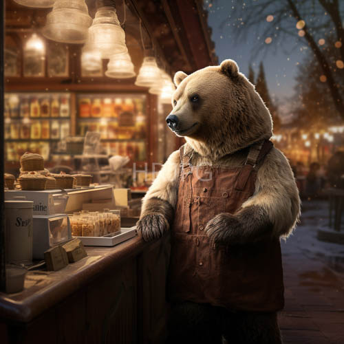 amber hues emanate from roadside bakery stall earthtoned bear attends to culinary crafts