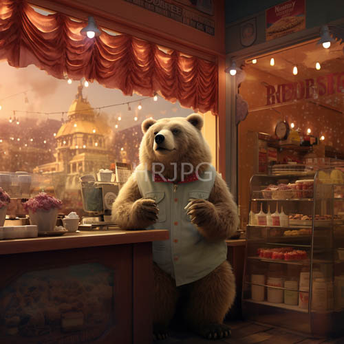 High Resolution: Figurative Bear Serves in Parisian Café with Crisp Vest and Red Bow Tie download. | HRJPG.com
