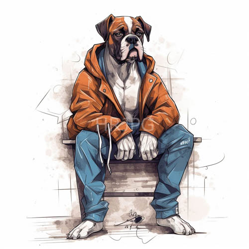 english bulldog in orange hoodie confronts earthy background with moody texture