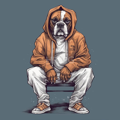 architectural streetwear english bulldogs in burnt orange hoodies on sleek benches art