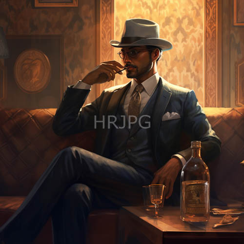 poised man in azure suit amidst brown leather couch and gray fedora in rich textured setting