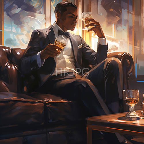 darkskinned gentleman exudes quiet confidence in rich leather couch setting with elegant contrasting attire