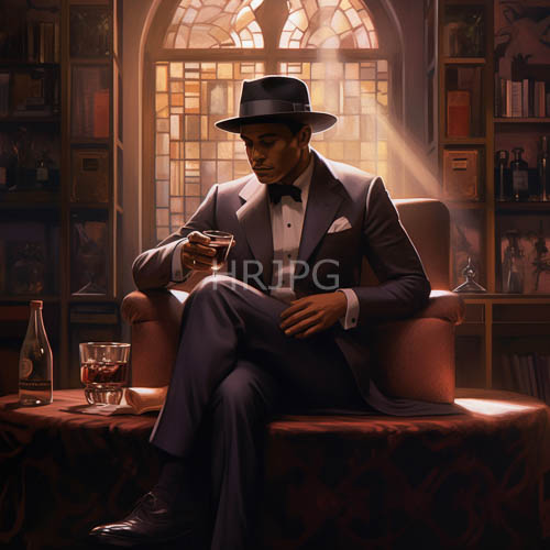 man in charcoal tuxedo seated in plush brown armchair embracing contemplative reflection