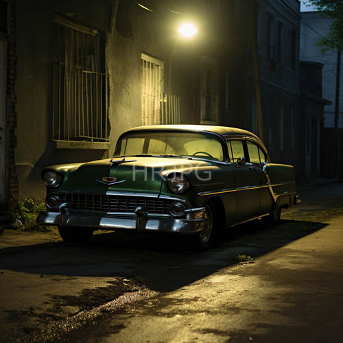 glinting green paint clings to classic automobile amidst urban decay and decay