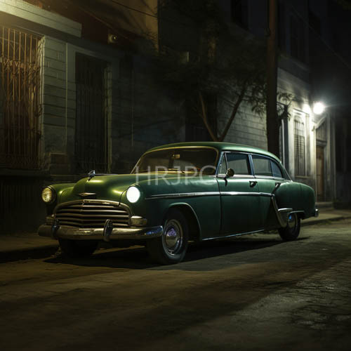 throwback emerald curves reflect muted urban night glow against desolate asphalt backdrop