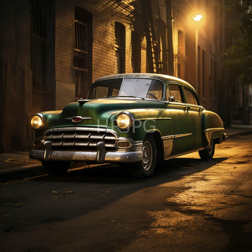 emerald green vintage automobile amidst urban decays fading hues of time