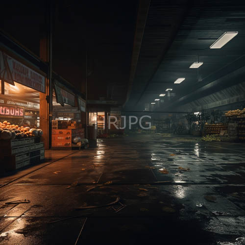 abandoned night market slick ground reflects fractured artificial light displays