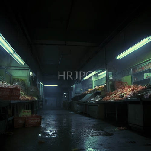 narrow merchant corridor with flickering fluorescent lights and moisture