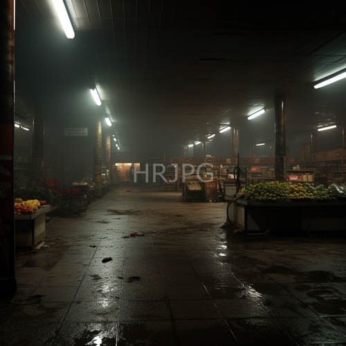 mist descends upon indoor bazaar creating cinematic landscape of shadow and luminescence