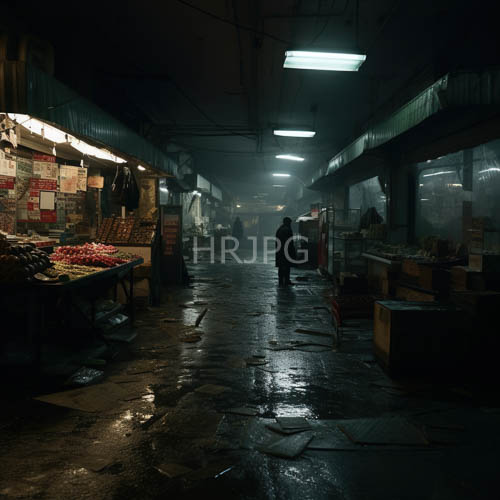 market floor tiles catch flickering fluorescent light amid urban produce stalls
