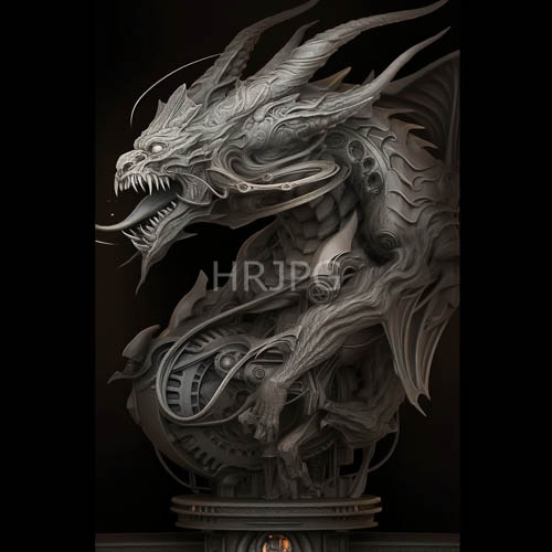 dragon construct fused with industrial precision in mechanical mechanized setting under dimmed artificial light