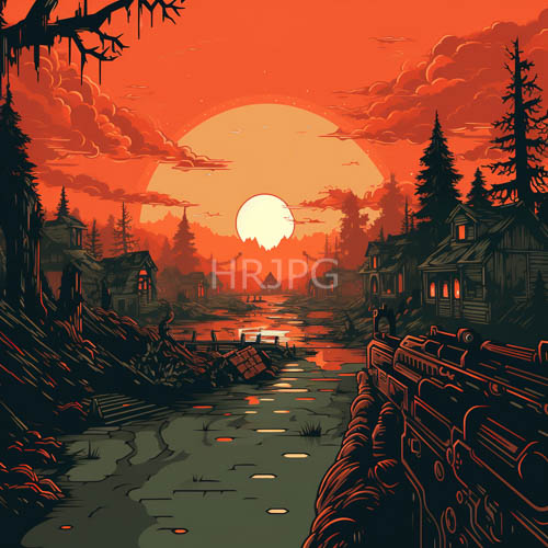 apocalyptic sunset bleeds into submerged landscape of dilapidated wooden structures