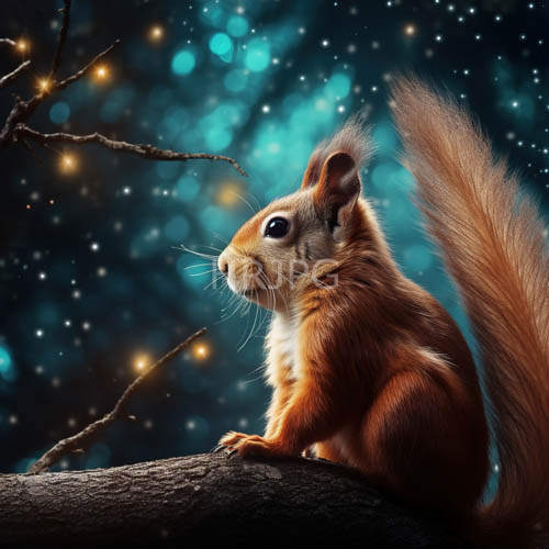 red squirrel amidst dark woodland with twinkling celestial lights