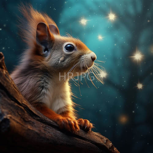 faint ethereal glow on rugged woodland trunk tiny red squirrel weathered texture