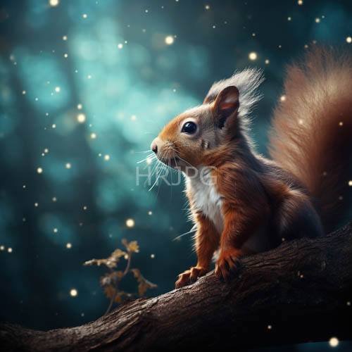High Resolution: CopperToned Squirrel Illuminated by Nocturnal Glow on Textured Branch download. | HRJPG.com