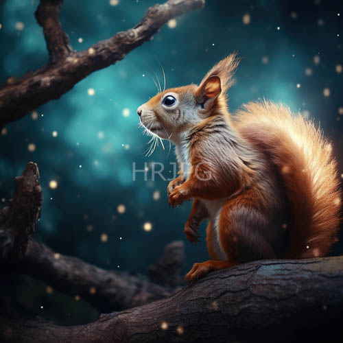 High Resolution: Red Squirrel Perched Amidst Twilight Forest Shadows and Ethereal Glow download. | HRJPG.com