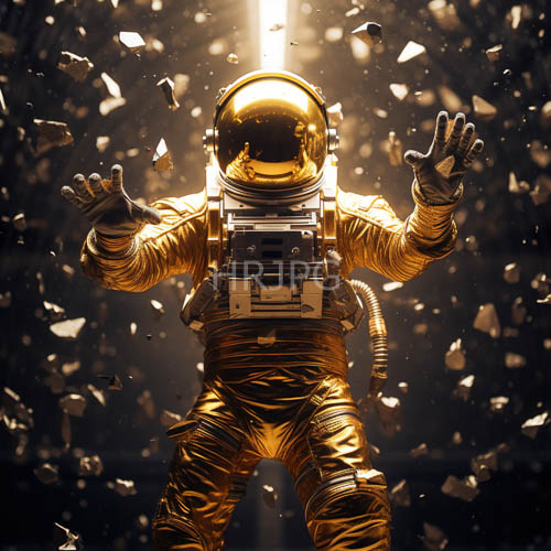 cosmic fashion sculpture under overhead spotlight metallic shimmer effect