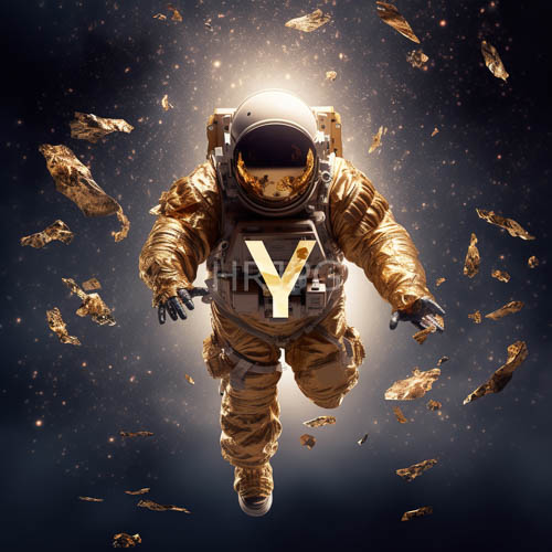 astronauts suit in obsidian cosmos with gilded plating and amber highlights