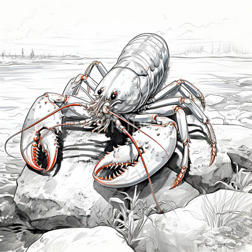 oversized lobster dominates craggy shoreline with precise crimson highlights