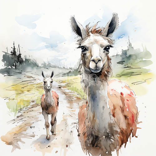watercolor llama silhouette amidst verdant expanse earthy texture