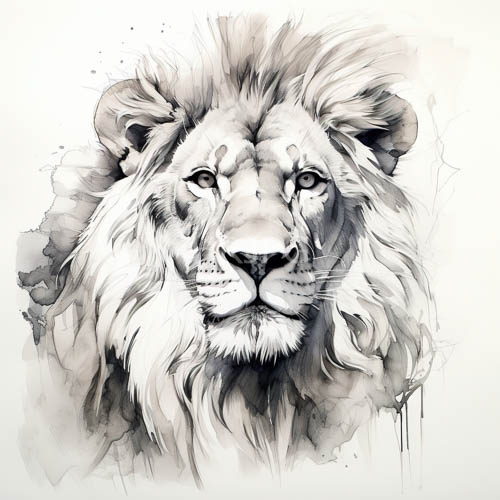 towering lion emerges through monochromatic ink and watercolor silhouettes
