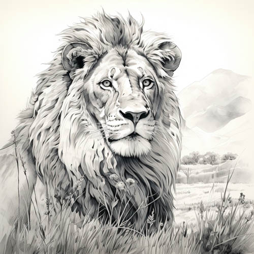 lions command monochromatic savanna landscapes with intricate linework and swaying grasses