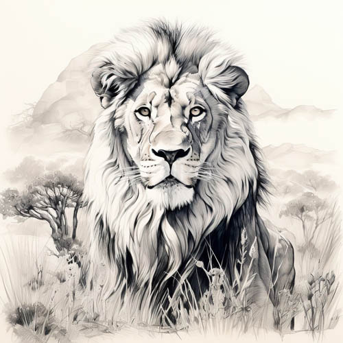 regal male lion commands savanna landscape with majestic monochromatic silhouette
