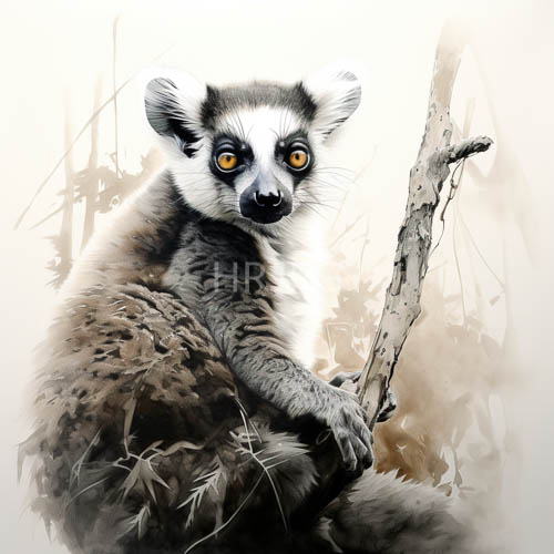 High Resolution: Ringtailed Lemur Dominates Canopy Architecture with Hypnotic Amberhued Gaze amidst Monochromatic Fur Texture download. | HRJPG.com