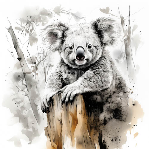 silhouette of koala on forest stump with tactile fur texture
