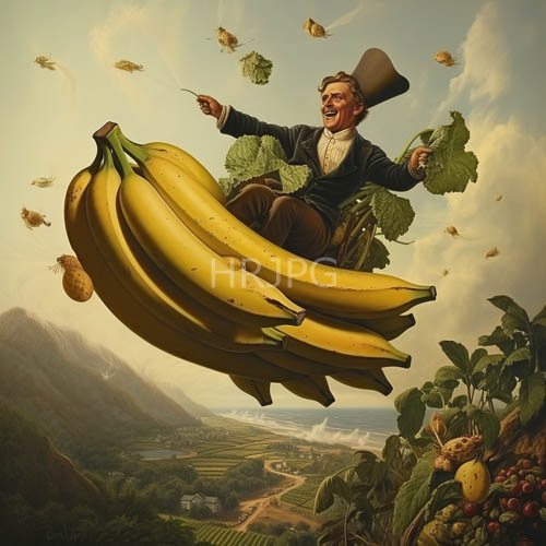 surreal landscape unfolds amidst colonial figures triumphant stride across oversized yellow bananas
