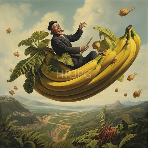 formal gentlemanly figures interact with whimsical landscapes and colossal fruits