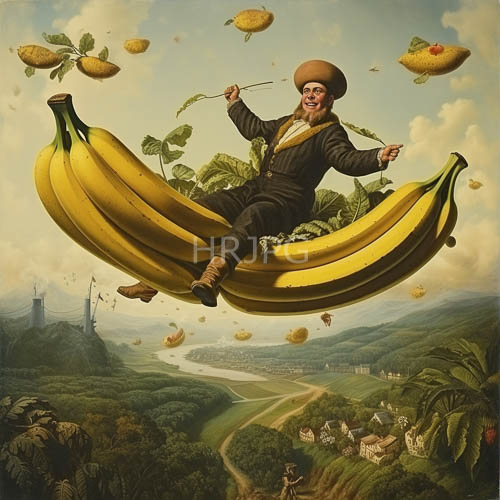 oversized bananas defy gravity across a verdant tapestry of hills and meadows