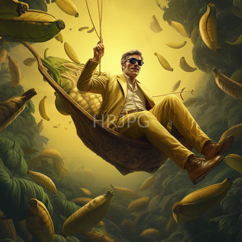 refined gentleman reclines amidst whimsical surreal landscape of intricate hammock