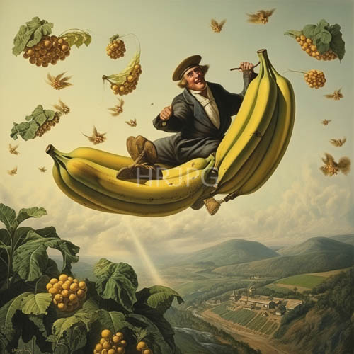 High Resolution: Victorian gentleman drifts on oversized yellow bananas across impossible horizon download. | HRJPG.com