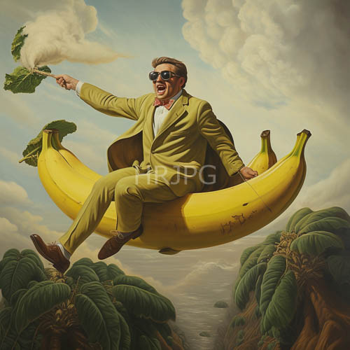 surrealist transport of a man on oversized banana forms against cloudy tropical skies