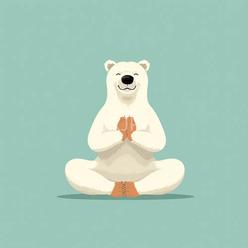 meditative ursine figure in light teal backdrop with snowy fur and closed eyes
