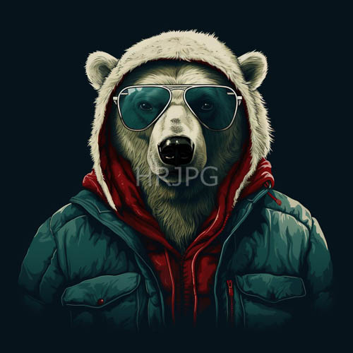 High Resolution: Polar Bear in Teal Aviator Sunglasses with Plush ForestGreen Puffer Jacket and Obsidian Backdrop download. | HRJPG.com