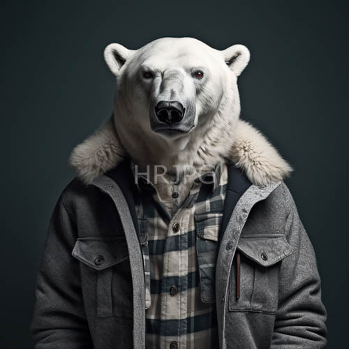 polar bears converge beneath surrealistic emerald backdrops with contrasted charcoal and cream coats blending wilderness and sartorial craft with tailored plaid shirts