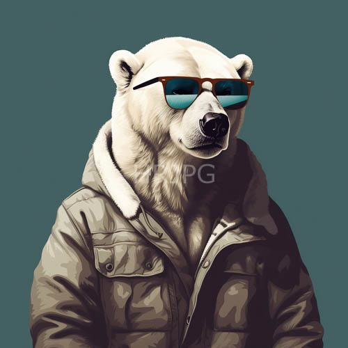 polar bear in structured militaryinspired jacket against pristine white fur and solid teal backdrop