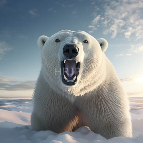 polar bear dominates frigid tundra landscape with hyperrealistic texture and fierce posture
