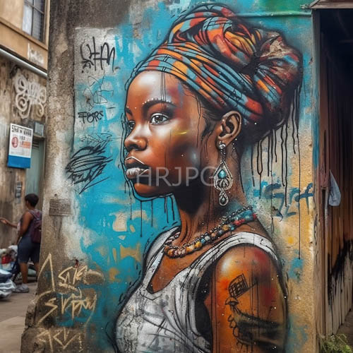 african womans emerges in citys weathered concrete facade amidst multicolored jewelry
