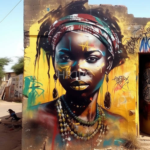 african woman dominates weathered concrete with matte yellow lipstick and beaded jewelry