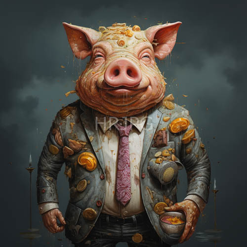 humanoid swine juxtaposes organic softness with metallic currency amidst charcoalhued suit and swirling dark clouds