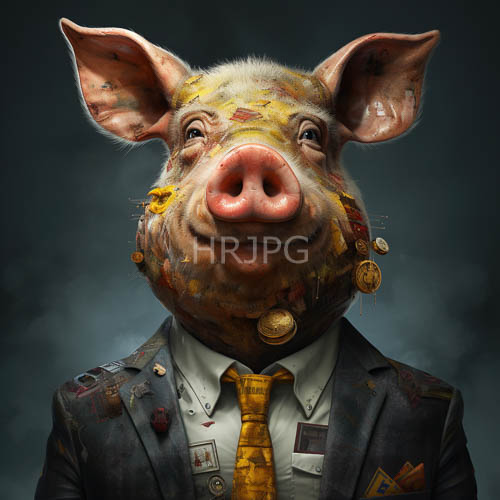 artistry meets anthropomorphic porcine figure in muted shadowy palette