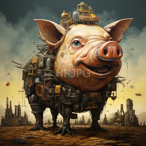 heavy duty swine dominates ruins of crumbling cityscape with amber glow