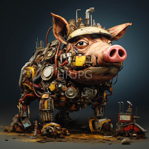 quadrupedal cyborg swine entity confronts industrial steel landscape with pink snout dominance