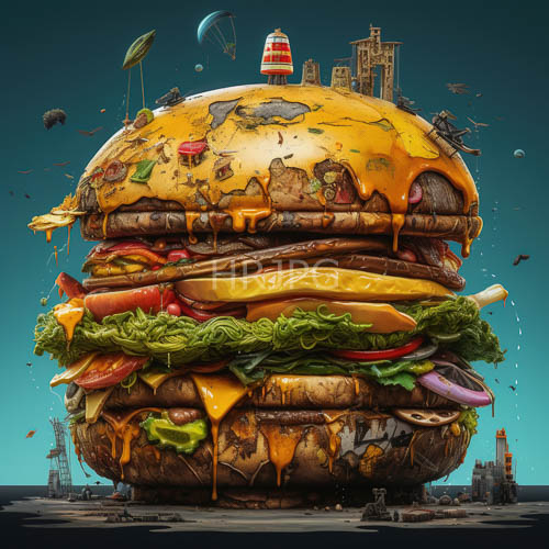 celestial feast of gargantuan cheeseburger meets cosmic architecture in dazzling display of textures and light