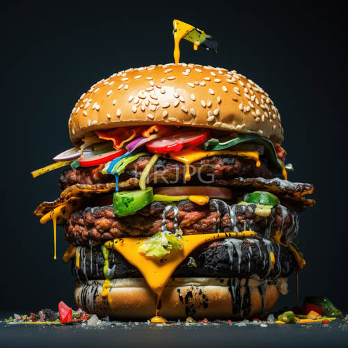layers of flamegrilled beef patties with cheddar and sesame seed bun