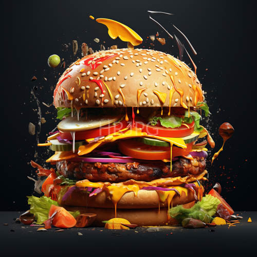 gourmet hamburger erupts into deconstructed ingredients against abyssal black backdrop